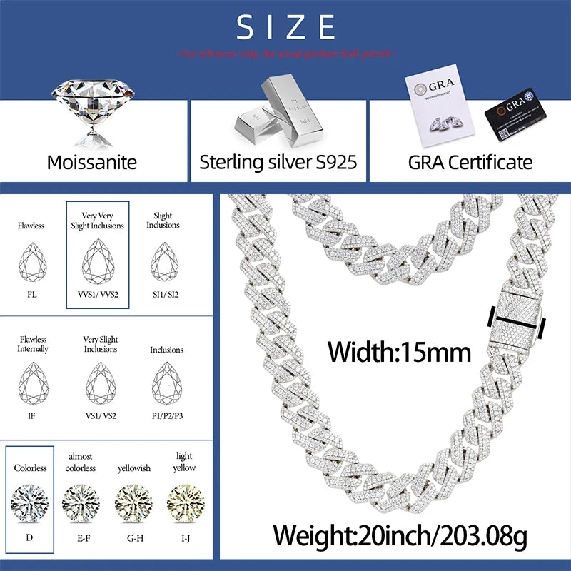15mm Bling Iced Out Moissanite Heavy Miami Cuban Chain Necklace 100% 925 Sterling Silver Hip Hop Punk Rapper Luxury Jewelry Gift