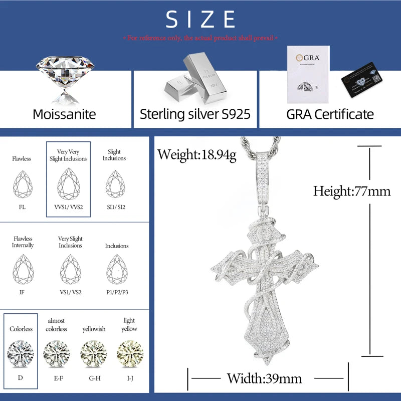925 Sterling Silver Thorn Cross Pendant Necklace with D-Color Moissanite, Unisex Bling Jewelry for Men and Women – Exquisite, Eye-Catching Design