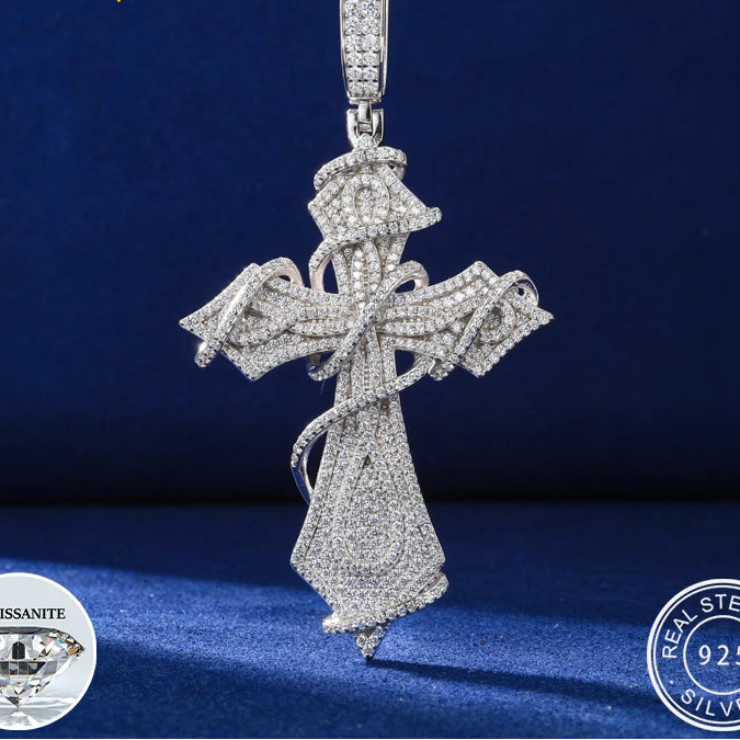 925 Sterling Silver Thorn Cross Pendant Necklace with D-Color Moissanite, Unisex Bling Jewelry for Men and Women – Exquisite, Eye-Catching Design