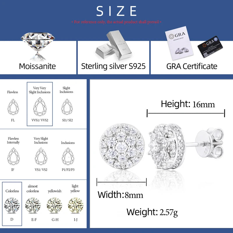 925 Sterling Silver D Color VVS Moissanite Stud Earrings Hexagon Cluster Design Fine Hip Hop Iced Out Jewelry Gift For Women Men