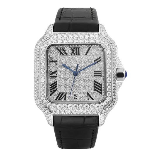 Leather Square Hip Hop Iced Out Automatic Jewellry Watch Luxury Mechanical Bust Down VVS Moissanite Watch Pass Diamond Tester